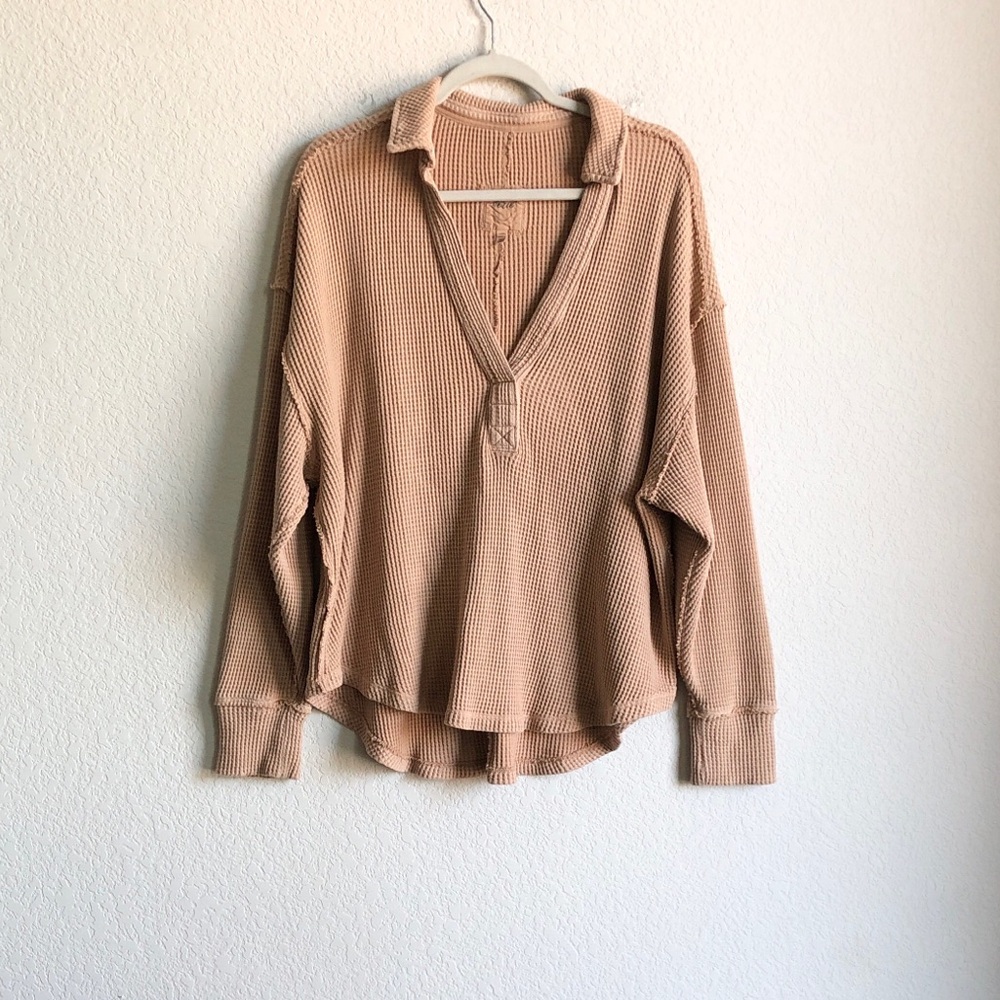 Aerie Lumberjane Waffle V Neck Shirt Long Sleeve Tan Oversized Large